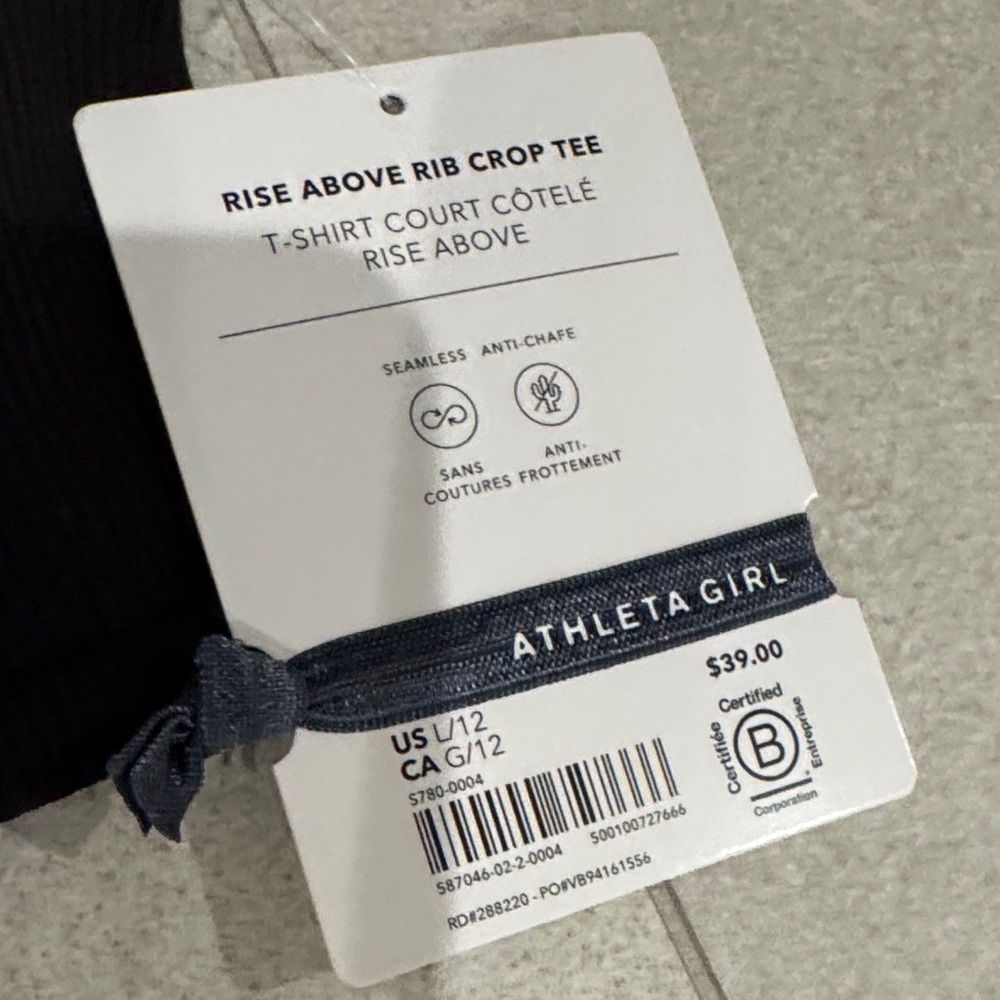 2 NEW Athleta Girl Black White Rise Above Ribbed Crop Tees LARGE 12 - Picture 4 of 11